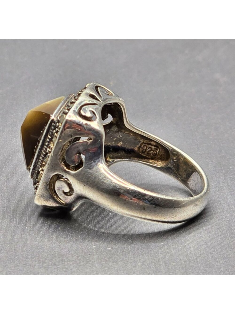 Vintage Sterling Silver Smokey Quartz Marcasite Ring Size 7 Art Deco Dome Cutout - Picture 3 of 15
